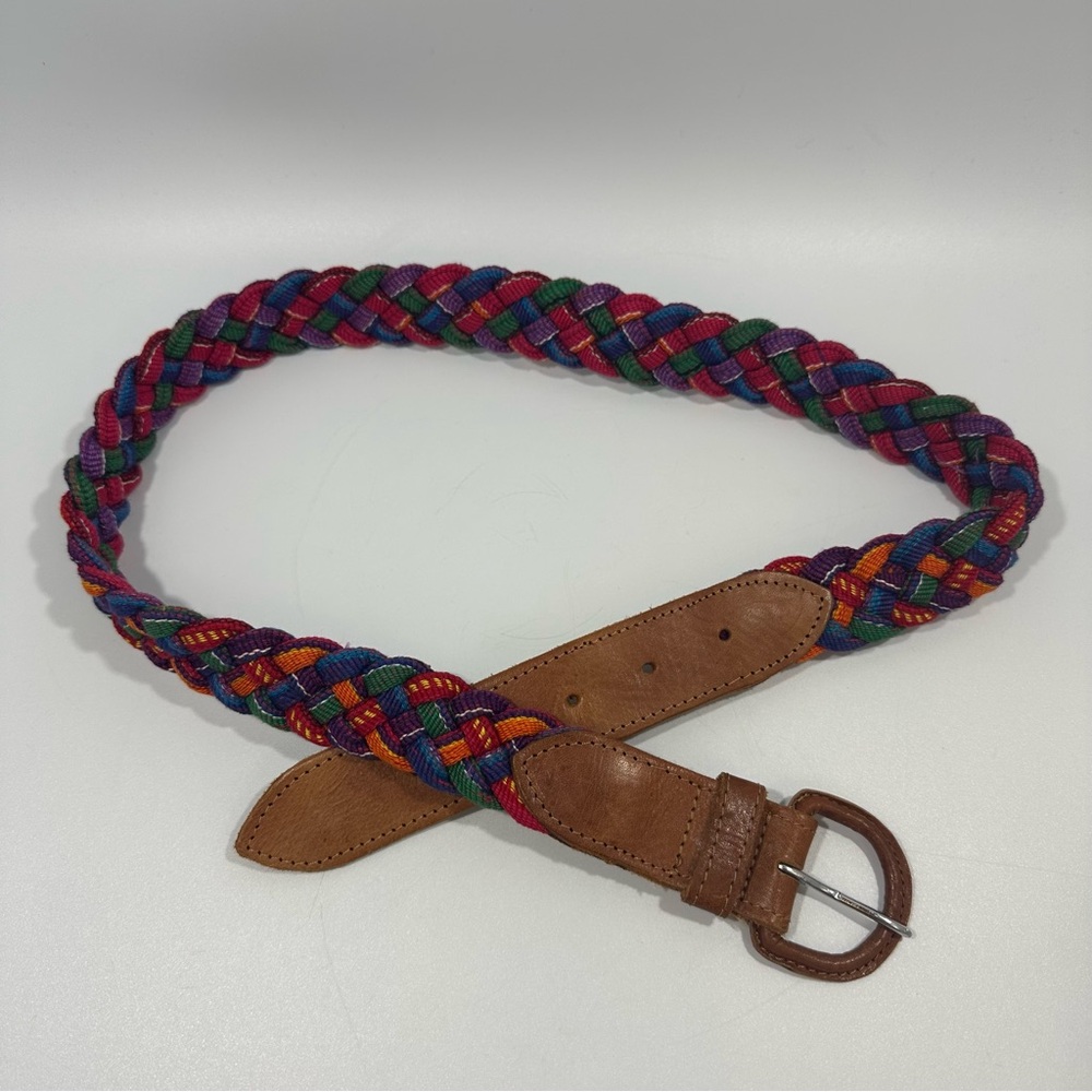 Vintage Guatemalan Handwoven Colorful Rainbow Fabric & Brown Leather Belt M